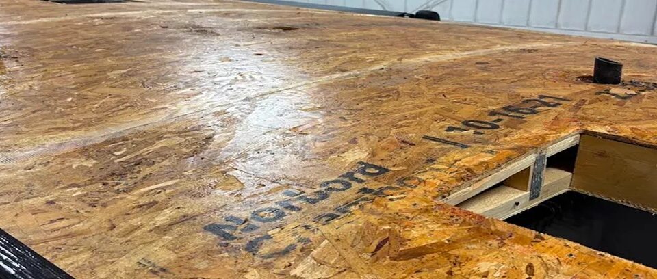 Exposed RV roof decking during a roof rebuild