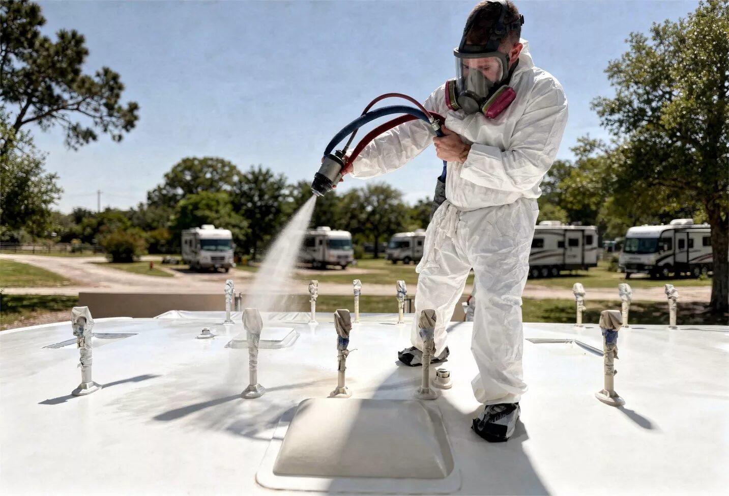 Applicator in protective gear spraying white polyurea on a roof